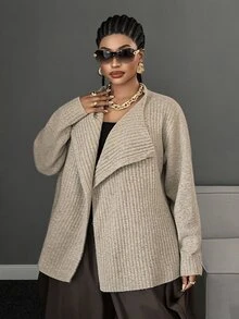 Maweii Plus Size Women's Autumn/Winter Brown Elegant Commute Knit Cardigan, Oatmeal Asymmetrical Asymmetric Button Lapel Two-Way Wear Knit Cardigan, Vintage Multicolor Ribbed Loose Design Slouchy Top - Khaki - View 2