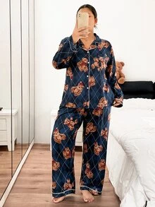 Napfluff CURVE Napfluff CURVE Plus Size Lapel Cardigan Plaid Teddy Bear Print Long Sleeve Long Pants Pajama Set - Multicolor - View 7