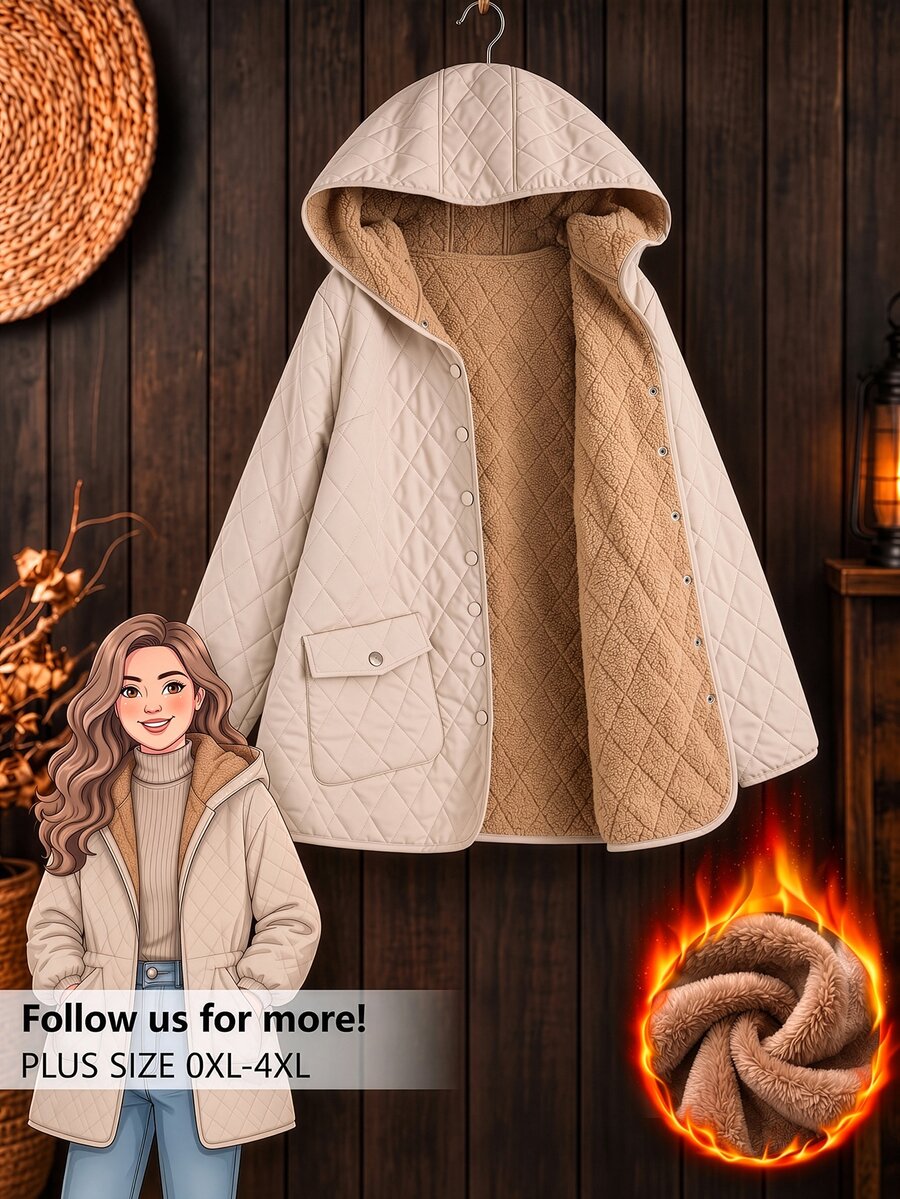 Linhara Plus Size Hooded Long Sleeve Thermal Lined Padded Coat, Autumn/Winter - Apricot - View 1