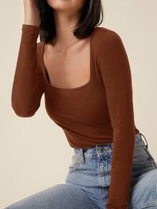 SHEIN BASICS 女款休閒純色方領修身短袖上衣，黑色夏季上衣 - 鏽棕色 - 查看 4