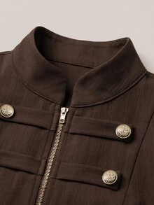 LUMIGAL Winter Women's Solid Color Double-Breasted Zipper Casual Daily Long Sleeve Jacket - Coffee Brown - View 4