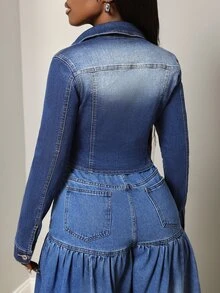BamGleam Women's Cinched Waist Button Long Sleeve Denim Jacket - Medium Wash - View 2