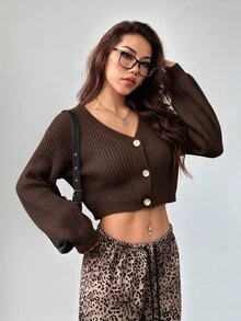 SHEIN PETITE White Lantern Sleeve Button Front Rib Knit Cardigan Open Shoulder Sweater In Autumn Petite Women Date Day Everyday Going Out Daily Wear Casual Sexy - Coffee Brown - View 7