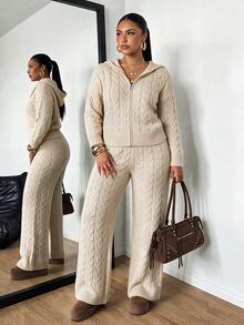 POPSWAY Plus Size Women's Oatmeal Gray Cable Knit Front Zip-Up Lapel Short Cardigan + High-Waist Drapey Wide Leg Knit Pants 2 Pieces Set, Suitable For Daily Commute/Outing Date/Indoor Outdoor/Halloween Christmas Outfit - Khaki - View 6