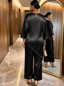 SHEIN Lady CURVE 大尺碼女款蕾絲拼接上衣與長褲休閒日常兩件套 秋季 - 黑色 - 查看 2