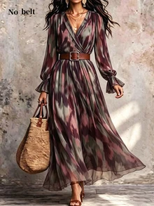 LUMIGAL Elegant Commuter Bohemian Abstract Wavy Texture Print Long Sleeve V-Neck Cross Collar Dress - Multicolor - View 1