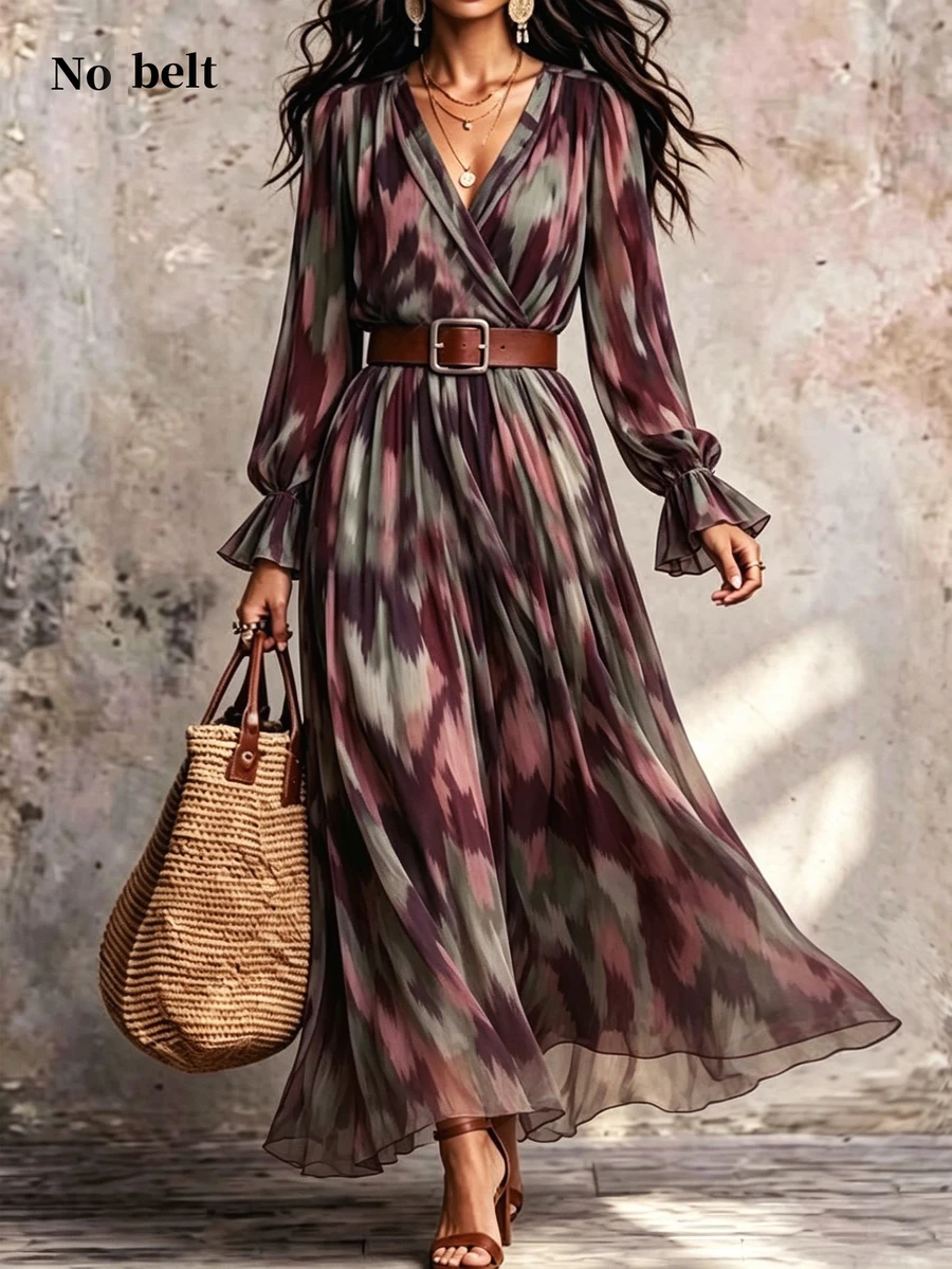 LUMIGAL Elegant Commuter Bohemian Abstract Wavy Texture Print Long Sleeve V-Neck Cross Collar Dress - Multicolor - View 1