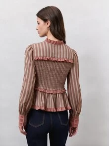 Nöista 女款條紋百褶休閒日常穿著襯衫 - 藕粉色 - 查看 4