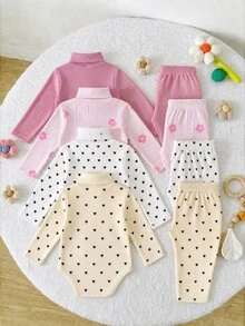 SHEIN 4件組女嬰印花高領羅紋彈性百搭長袖加厚連身衣，適合冬季 - 彩色 - 查看 2