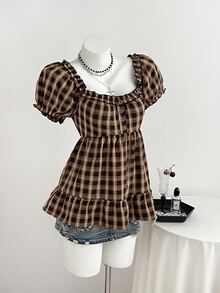 Elamini Summer Sweet Vintage Ruffle Petal Sleeve Blouse - Brown - View 4