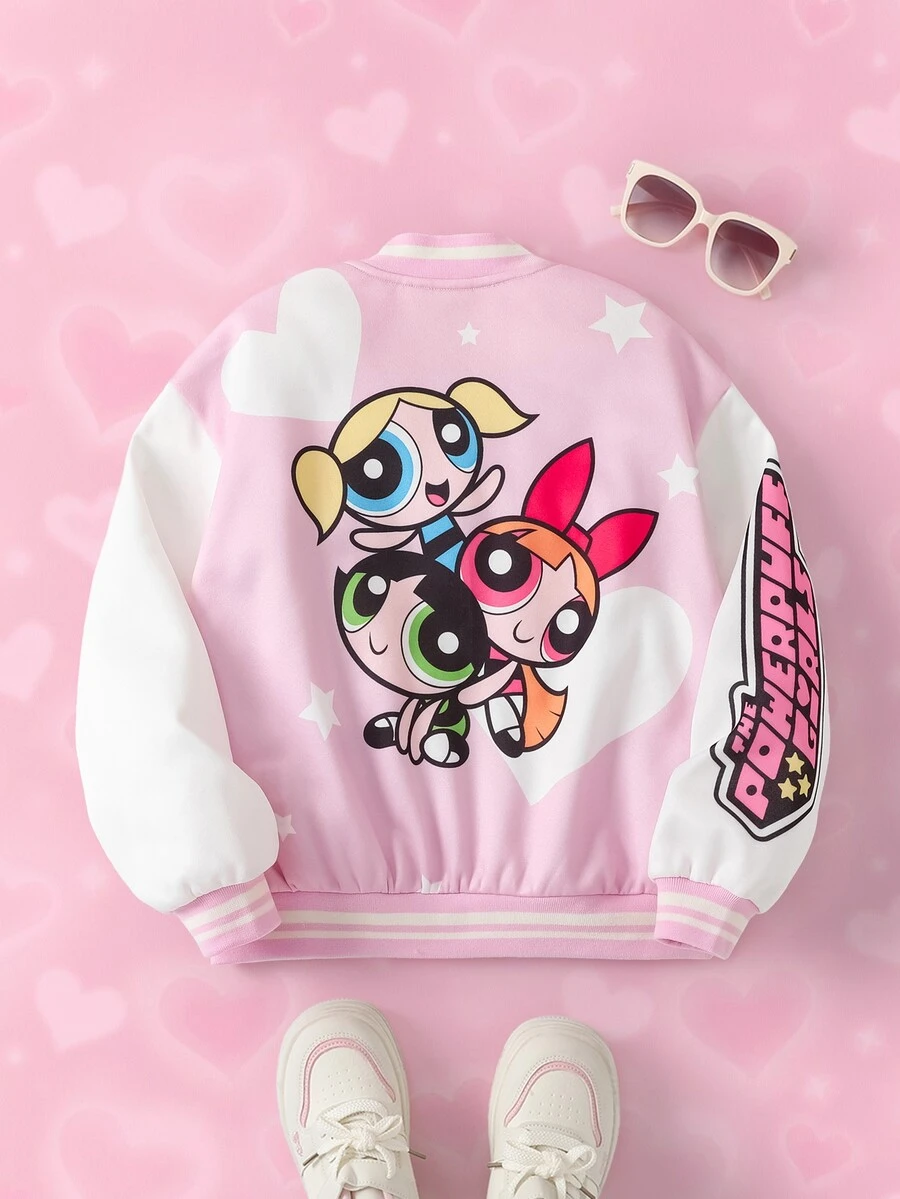 THE POWERPUFF GIRLS X SHEIN Áo khoác bóng chày THE POWERPUFF GIRLS cho bé gái tween, họa tiết sao, khóa kéo phía trước - Hồng - Xem 1