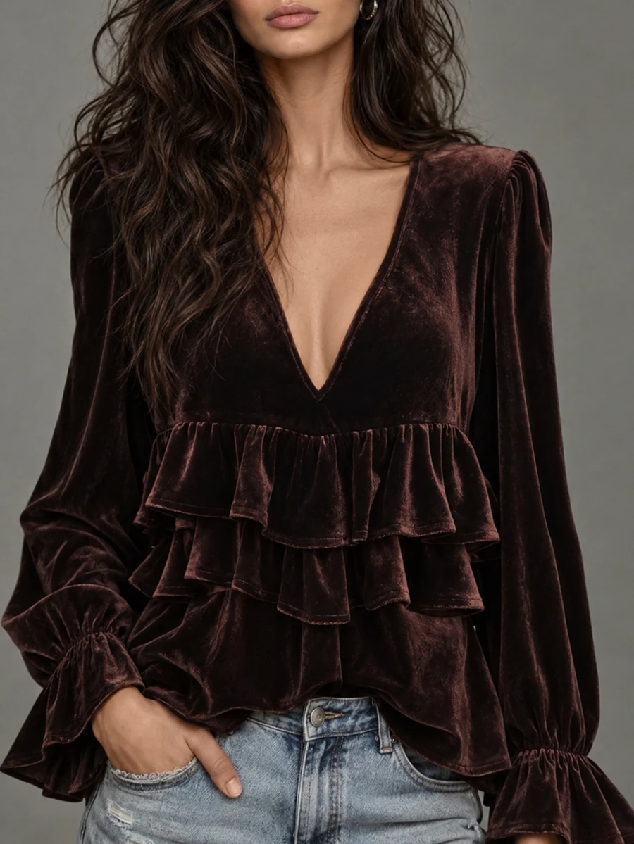LUMIGAL Vintage Relaxed Multi-Layer Ruffle Hem Patchwork V-Neck Long Sleeve T-Shirt - Brown - View 1