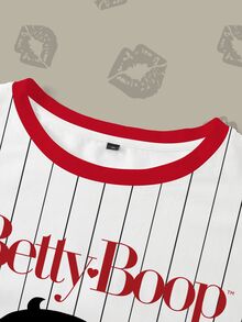 Betty Boop x SHEIN Plus Size Women's Letter Stripe Round Neck Short Sleeve Casual T-Shirt - White - View 8