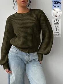 SHEIN BASICS 女款圓領長袖純色毛衣，純白色，適合早午餐、學校、居家、日常穿著，秋季休閒基礎款，畢業大學風格 - 軍綠色 - 查看 1