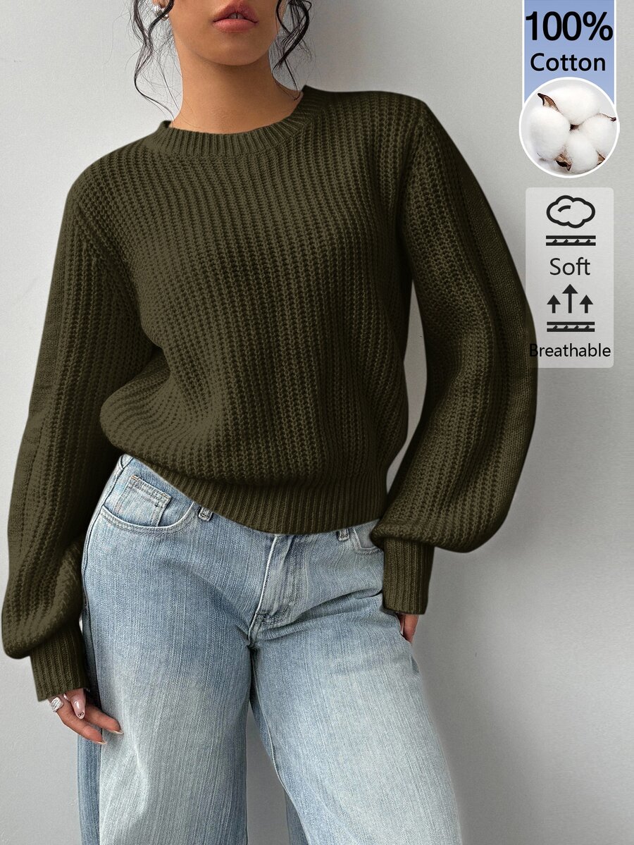 SHEIN BASICS 女款圓領長袖純色毛衣,純白色,適合早午餐、學校、居家、日常穿著,秋季休閒基礎款,畢業大學風格 - 軍綠色 - 查看 1