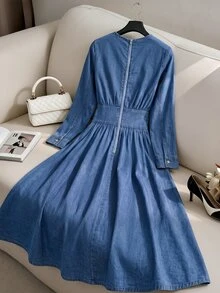 GlowEve Women's Elegant Ruched Waist Long Sleeve Denim Dress - Medium Wash - View 2