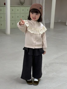 DAZY Baby Girl Patchwork Ruffle Long Sleeve Single-Breasted Casual Sweatshirt - Apricot - View 6