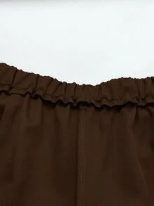 GlowEve CURVE 女款大尺碼西裝領長袖抓皺腰夾克＋休閒長褲兩件套，優雅通勤套裝，適合春季、秋季、冬季 - 咖啡棕 - 查看 6