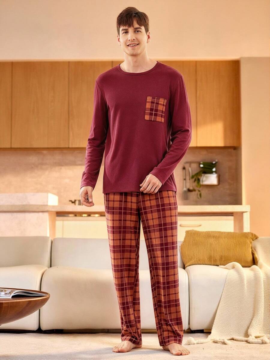 Provexi Provexi 男士拼接口袋長袖上衣與格紋長褲睡衣套裝,秋冬衣物 - 酒紅色 - 查看 1