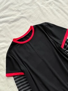 Attitoon 女款對比滾邊設計條紋袖 T-shirt，休閒極簡復古龐克 Y2K 百搭上衣，適合派對、音樂節、哥德風、秋季穿搭、通勤裝、外出裝、機場穿搭 - 黑色 - 查看 3
