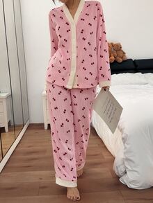Napfluff Casual Heart Print Velvet Contrast Patchwork Long Sleeve Pants Pajama Set For Women - Baby Pink - View 6