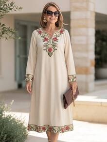 Miaspire Middle-Aged Women's Embroidered Notch V-Neck Dress - Multicolor - View 1