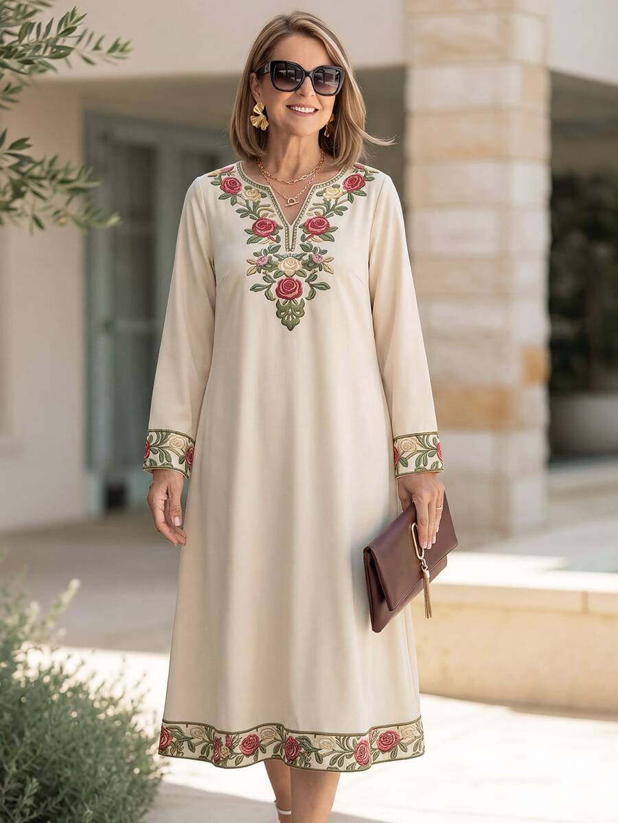 Miaspire Middle-Aged Women's Embroidered Notch V-Neck Dress - Multicolor - View 1