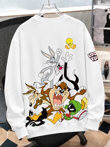 LOONEY TUNES X SHEIN Daypath 男士極簡卡通圖案印花長袖運動衫 - 白色 - 查看 2