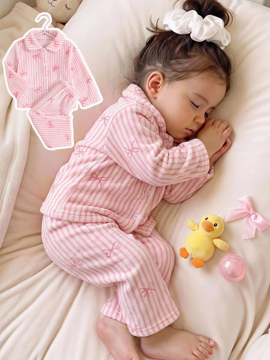 SHEIN Baby Girl Bow Striped Long Sleeve Single-Breasted Top And Pants Loungewear Set - Multicolor - View 1