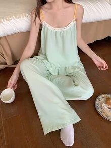 DAZY Women's Contrast Lace Ruffle Hem Camisole Top And Long Pants Pajama Set - Green - View 7