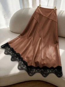 NOVVYNE 女款人造皮革中長裙 高腰不對稱下擺 黑色蕾絲飾邊 喇叭A字裙 優雅靜奢風 秋季辦公室派對裙 - 紫紅色 - 查看 6
