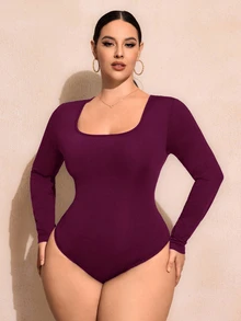 SHEIN SXY 大尺碼女款純色休閒日常長袖緊身連身衣 - 中紫紅色 - 查看 1