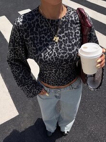 Muchica 復古 Y2K 豹紋印花深灰色蝙蝠袖修身長袖 T 恤，秋季新款，優雅休閒時尚基本款上衣，適合春夏秋冬，適用於外出與派對，女款復古豹紋 T 恤 - 彩色 - 查看 3