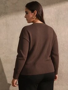 Juhart Plus Size Women Solid Color V-Neck Long Sleeve Single-Breasted Knit Cardigan - Coffee Brown - View 2