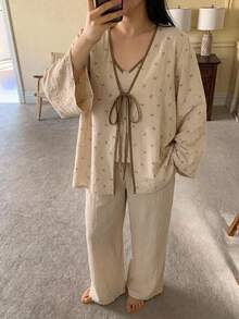 Dazy Plus 3pcs Colorblock Floral Camisole Cardigan Top & Long Pants Loungewear Set, Spring Summer Autumn Pajama Set - Khaki - View 6