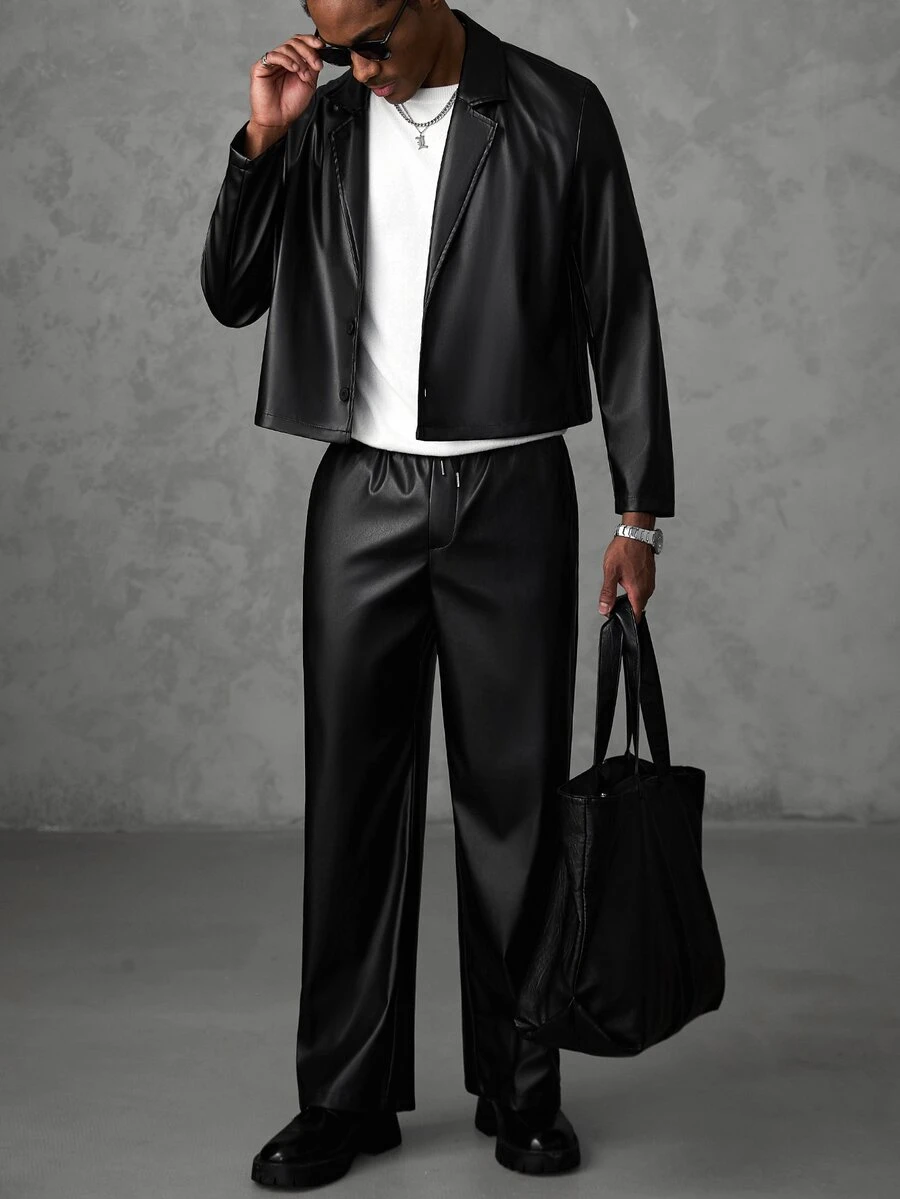 SLATEMANN Men's Black Long Sleeve Long Pants PU Fabric Jacket Set, Suitable For Halloween And Christmas Wear - Black - View 1