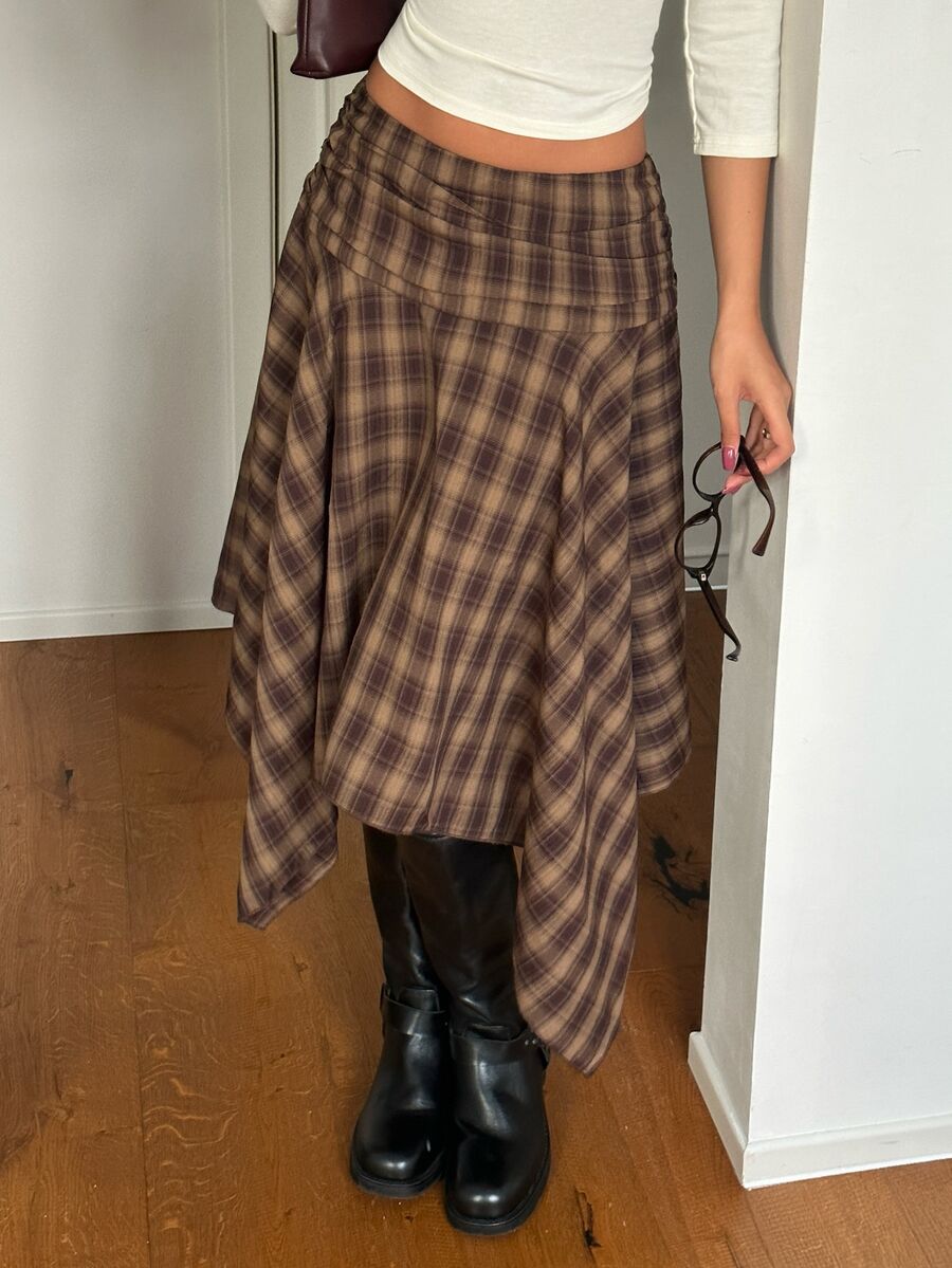 Aloruh Women's Plaid Casual Versatile Daily Skirt - Maroon - View 1