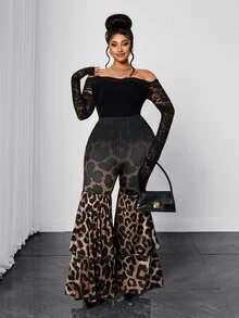 Maweii Plus Size Gradient Leopard Print Patchwork Long Pants, High Waist Elastic Slim Fit Double Layer Ruffle Hem Flared Casual Pants Fall - Multicolor - View 6