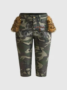 ROMWE Hippie Vintage Leopard & Floral Print Y2K Slim Fit Denim Mid-Length Pants - Green - View 1