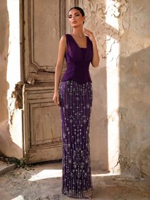 Aureia Elegant Glamorous Purple V-Neck Chiffon Ruffle Top Sequin Straight Long Dress Evening Gown, Back Slit Design, Summer Formal Wedding Guest Party Dress - Dark Purple - View 6