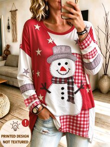 EMERY ROSE 女款 T-shirt，節慶雪人拼接印花，冬季假期休閒日常穿搭 - 紅色 - 查看 1