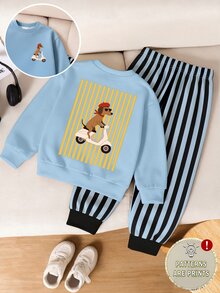 SHEIN 秋冬幼兒搖粒絨運動衫與運動長褲套裝，黃色條紋電動滑板車與小狗卡通插圖，大面積背後印花 - 彩色 - 查看 2