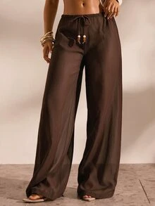 Opulessa Women's Vacation Waist Tie Wide Leg Loose Cover-Up Pants - Khaki - View 1