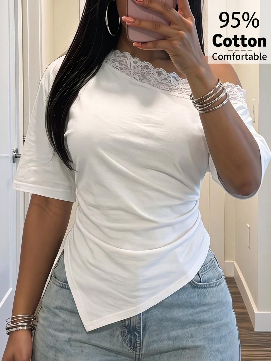 Slaydiva 95%棉女款休閒性感單肩修身短袖T恤,不對稱下擺,蕾絲拼接 - 白色 - 查看 1