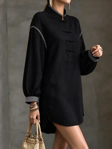 LUMIGAL Women's Long Sleeve Casual Dress With Frog Button Placket - Black - View 8