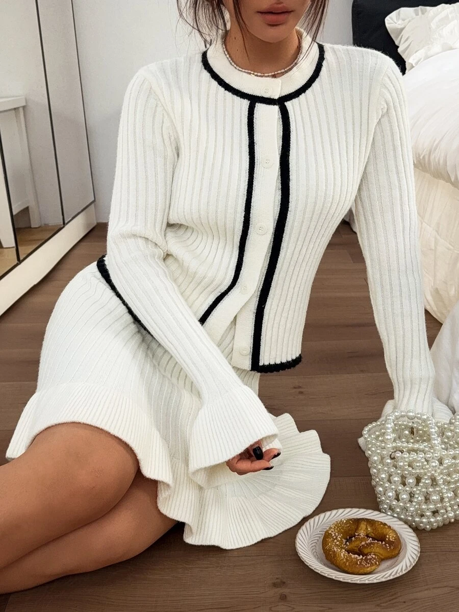 Teen Girl Colorblock Long Sleeve Top And Skirt Casual Knit Set - White - View 1