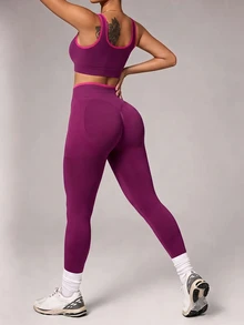 Easithlete Seamless Sports Yoga Leggings Set/Contrast Trim/Fashionable Sexy/Comfortable Versatile - Purple - View 2