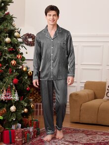 CoupledUp Classic Black & White Vertical Striped Men's Cardigan Pajama Set, Long Sleeve, Long Pants, Lapel Collar, Wearable Outdoors, 2 Pieces Home Set - Black and White - View 5