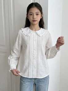 Dazy Kids (Gadis Remaja) Kemeja Blus Kasual Lengan Panjang Kerah Lipat Gaya Dasar Musim Gugur - Putih - View 4