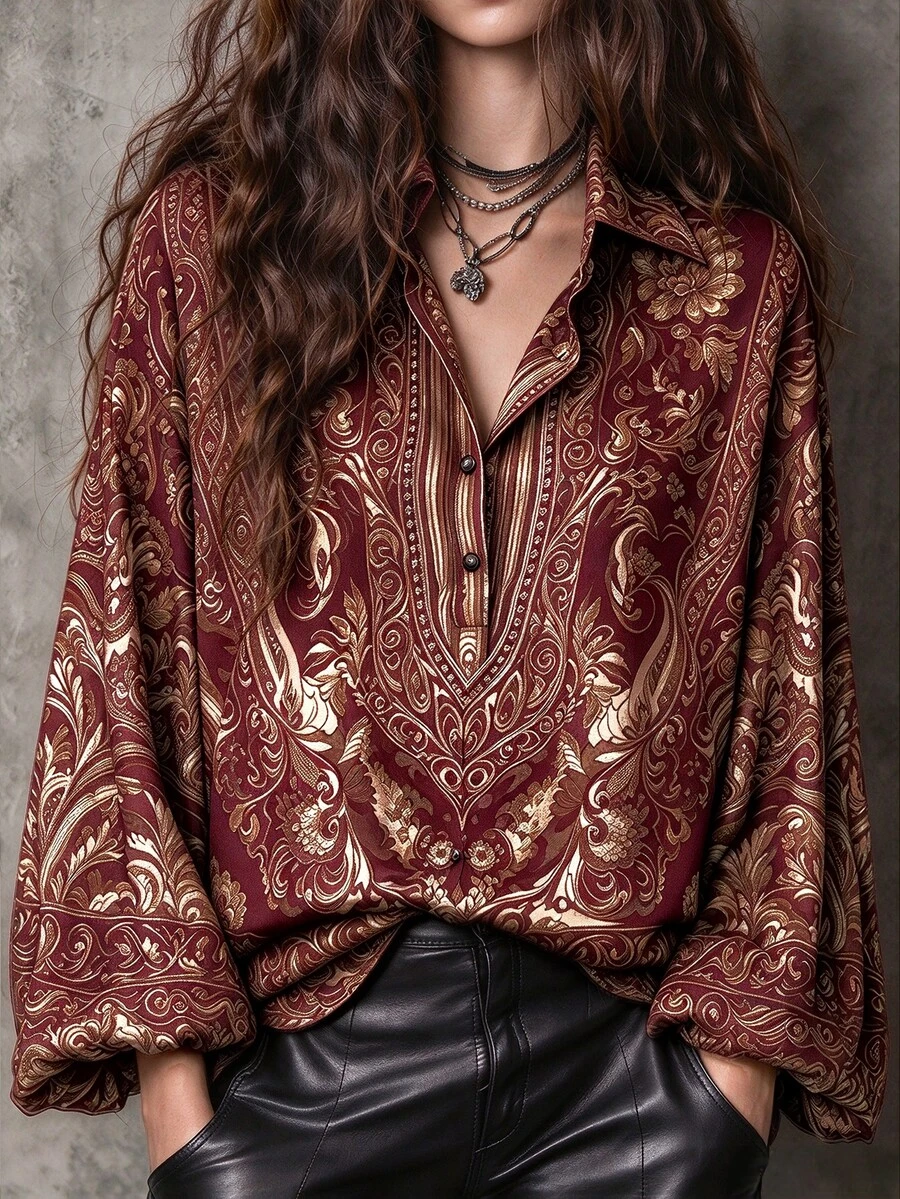 Linhara CURVE Plus Size Women's Bohemian Vintage Print Woven Shirt, Spring/Autumn, Lapel Collar, Half-Button Front, Loose Fit, Dropped Shoulder, Relaxed Casual Style - Burgundy - View 1